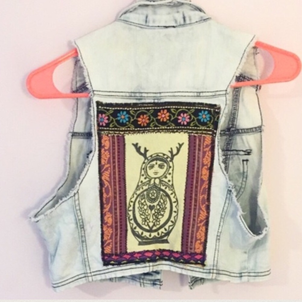 Urban Outfitters Light Wash Denim Vest with Colorful Embroidered Back Panel